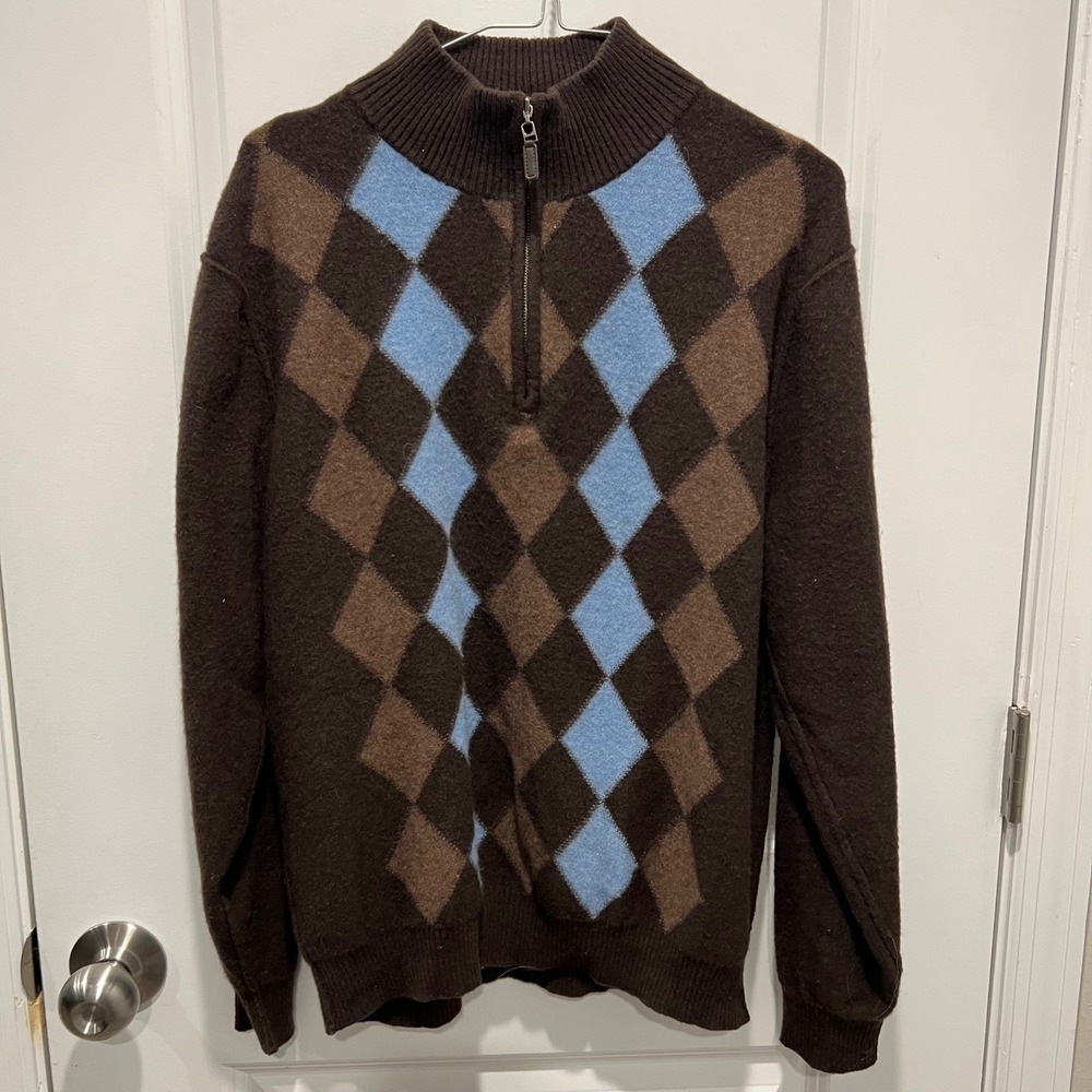 Pure Cashmere Mens Sweater Quarter Zip Argyle Brown L
